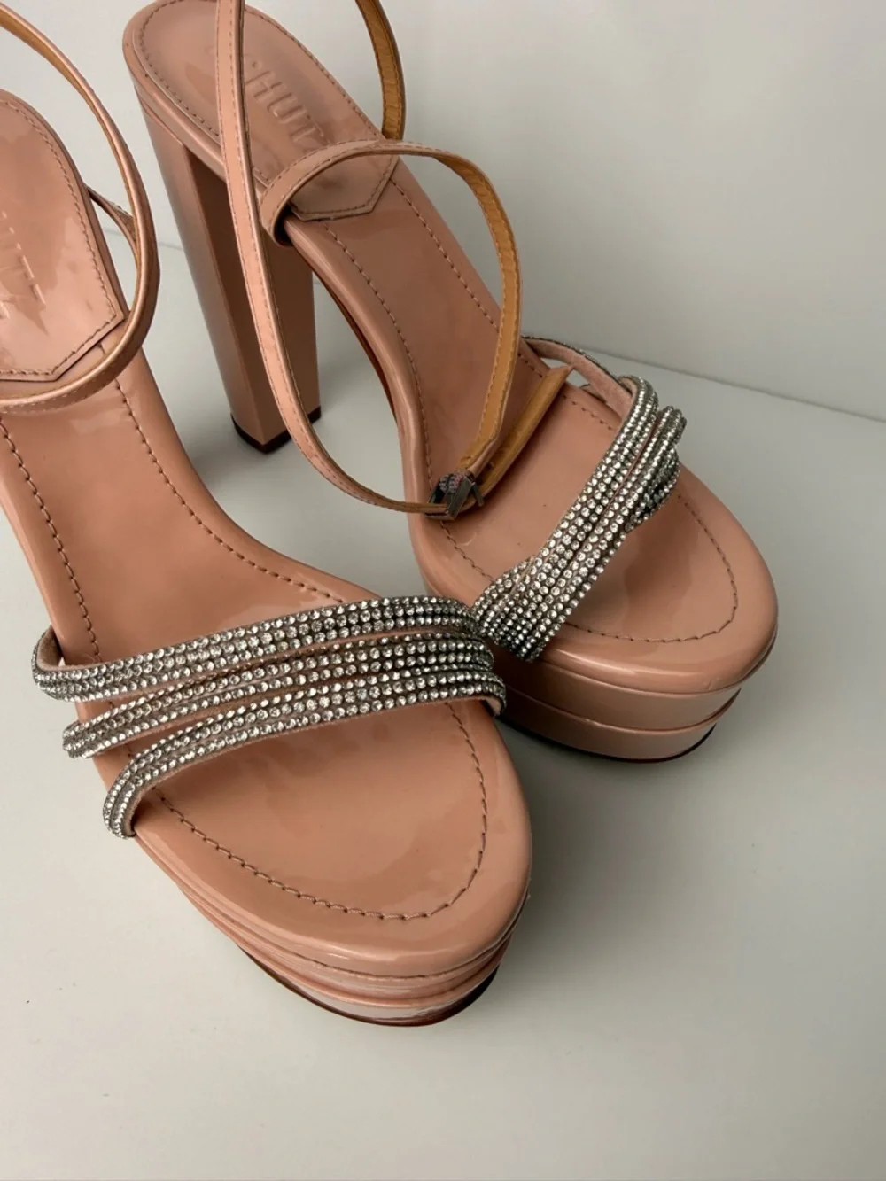 Schutz Piper Platform Heels 7.5B Sweet Rose Pink‎ Rhinestone Strappy Sandals